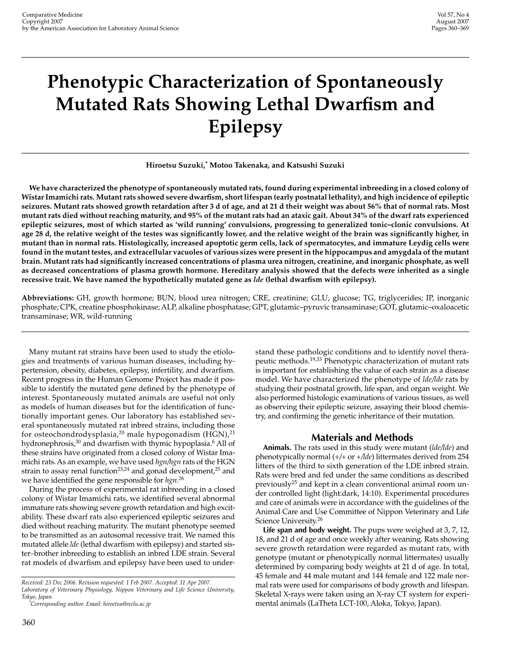 Phenotypic Characterization of Spontaneously Mutated Rats Showing Lethal Dwarfism and Epilepsy