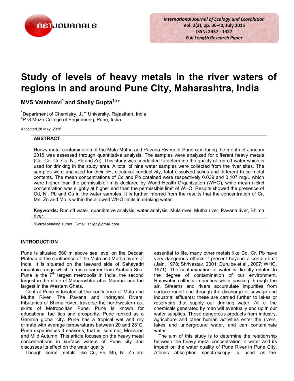 Study of Levels of Heavy Metals in the River Waters of Regions in and Around Pune City, Maharashtra, India