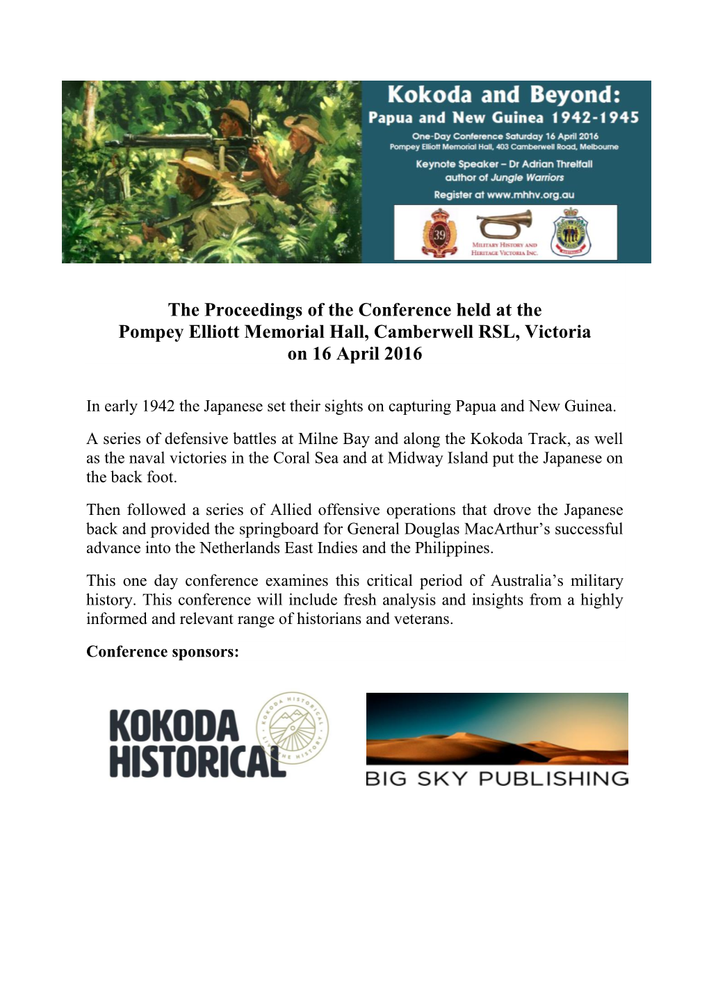 The Proceedings of the Conference Held at the Pompey Elliott Memorial Hall, Camberwell RSL, Victoria on 16 April 2016