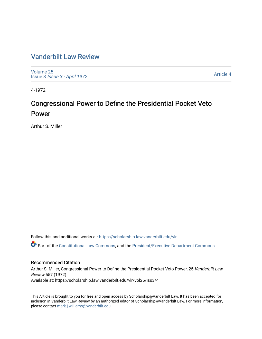 Congressional Power to Define the Presidential Pocket Veto Power