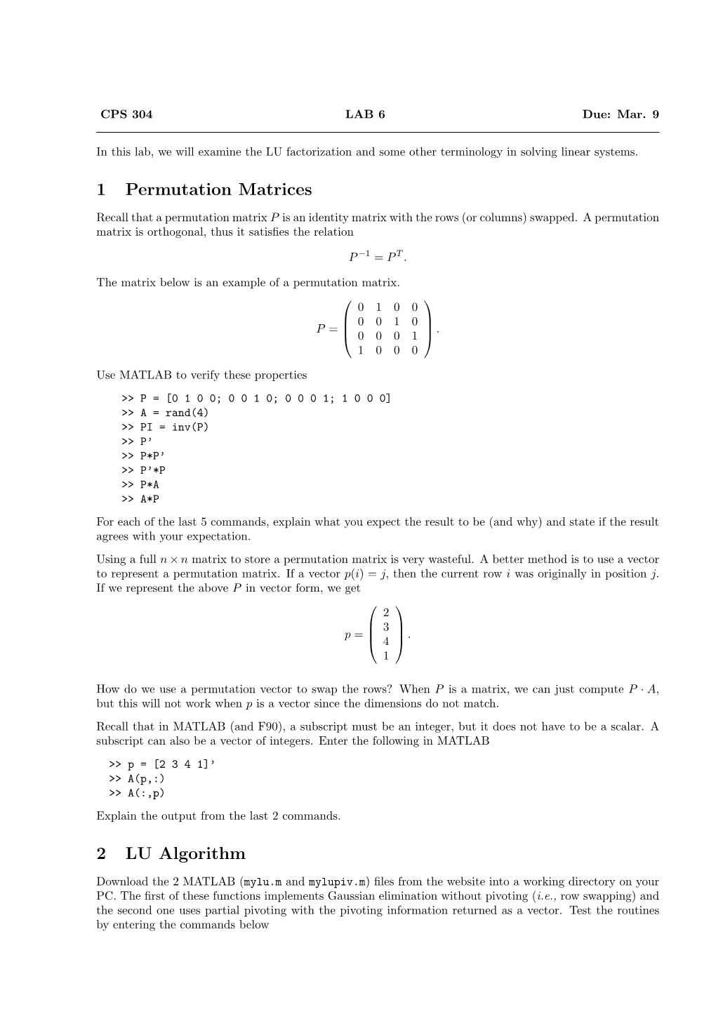 1 Permutation Matrices 2 LU Algorithm