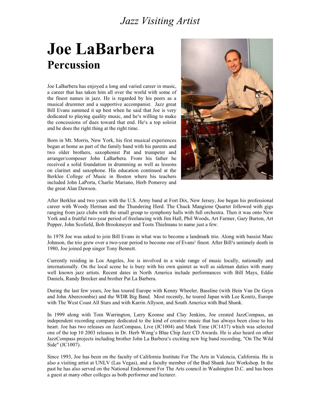 Jazz Visiting Artist: Joe Labarbera, Percussion