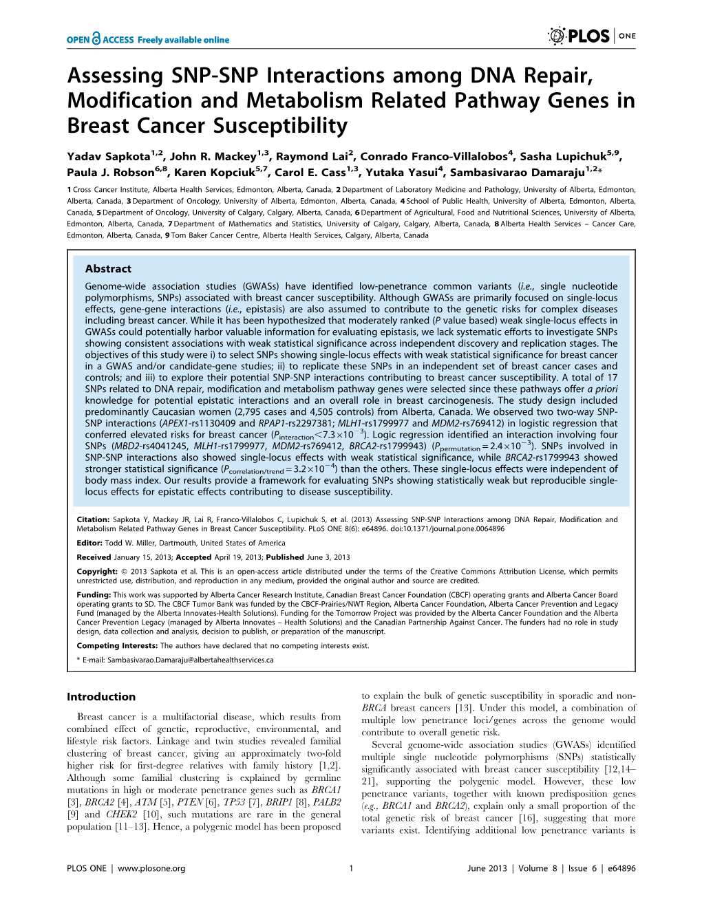 Assessing SNP-SNP Interactions Among DNA Repair, Modification and Metabolism Related Pathway Genes in Breast Cancer Susceptibility