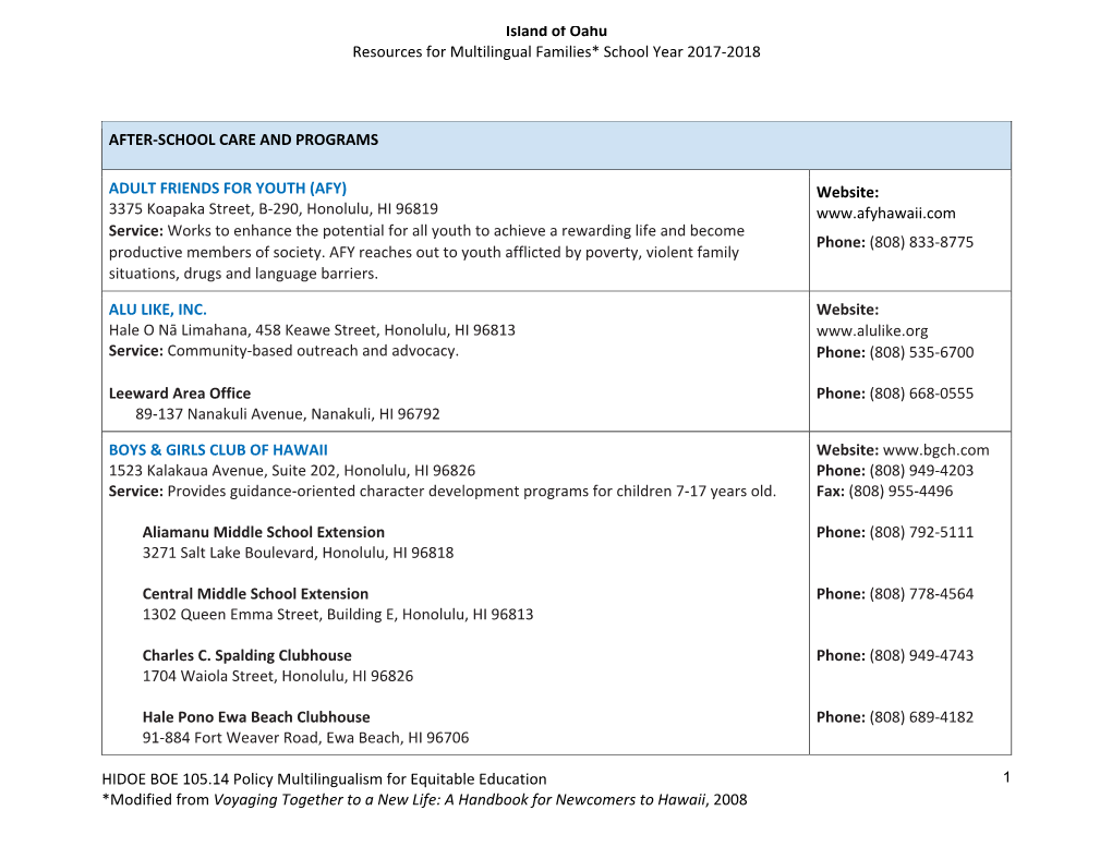 Island of Oahu Resources for Multilingual Families* School Year 2017-2018