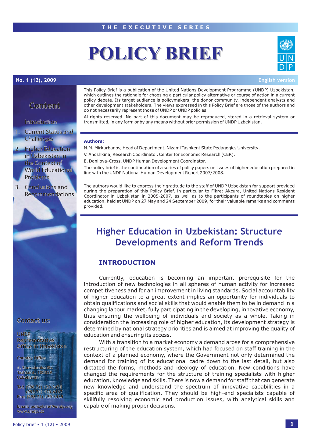 Higher Education in Uzbekistan: Structure Developments and Reform Trends