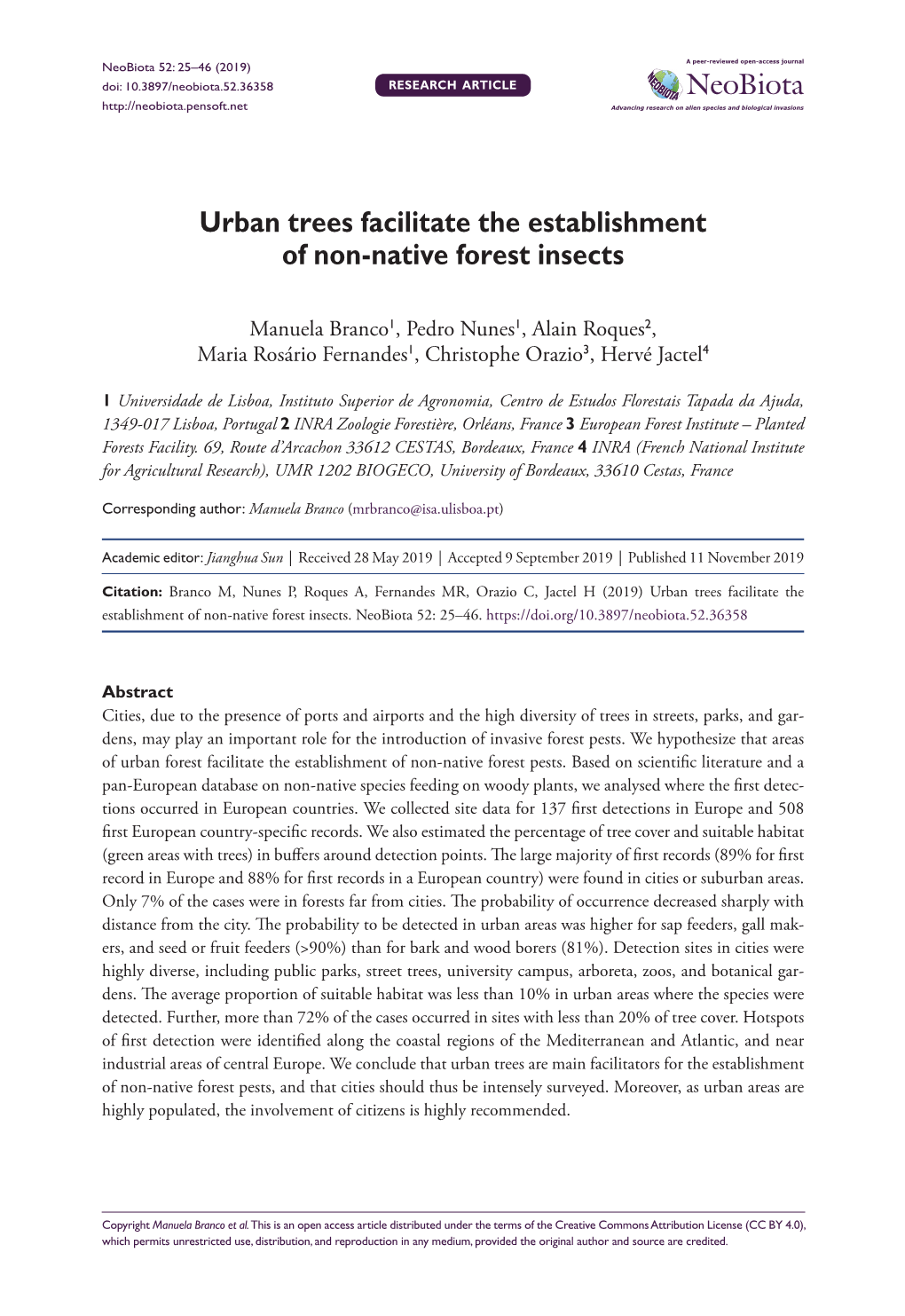 ﻿Urban Trees Facilitate the Establishment of Non-Native Forest Insects