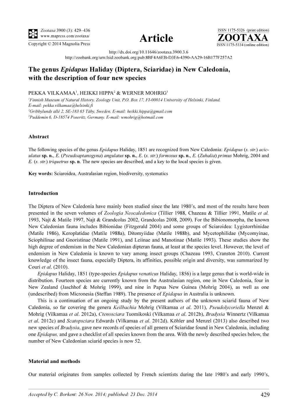 The Genus Epidapus Haliday (Diptera, Sciaridae) in New Caledonia, with the Description of Four New Species