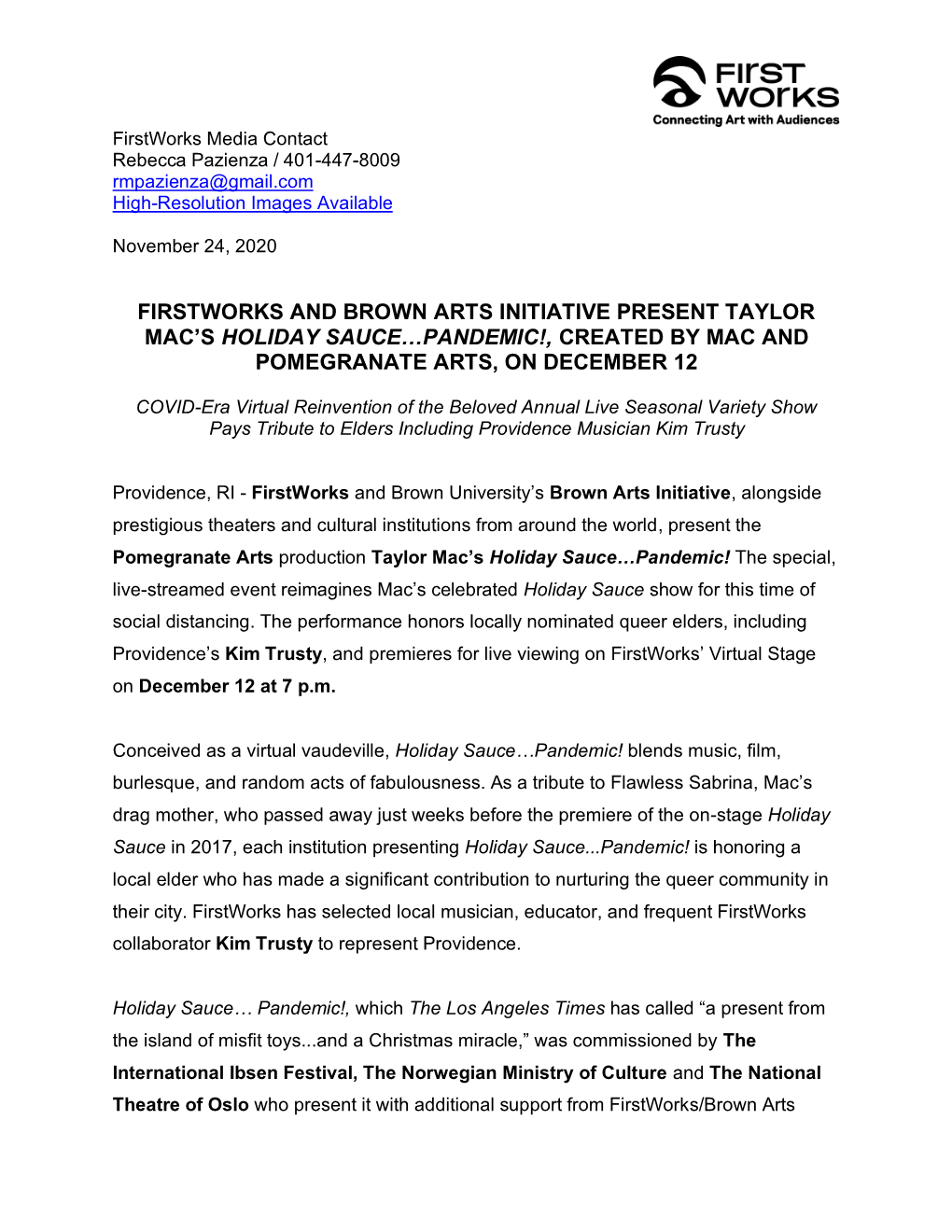 Firstworks and Brown Arts Initiative Present Taylor Mac's Holiday Sauce