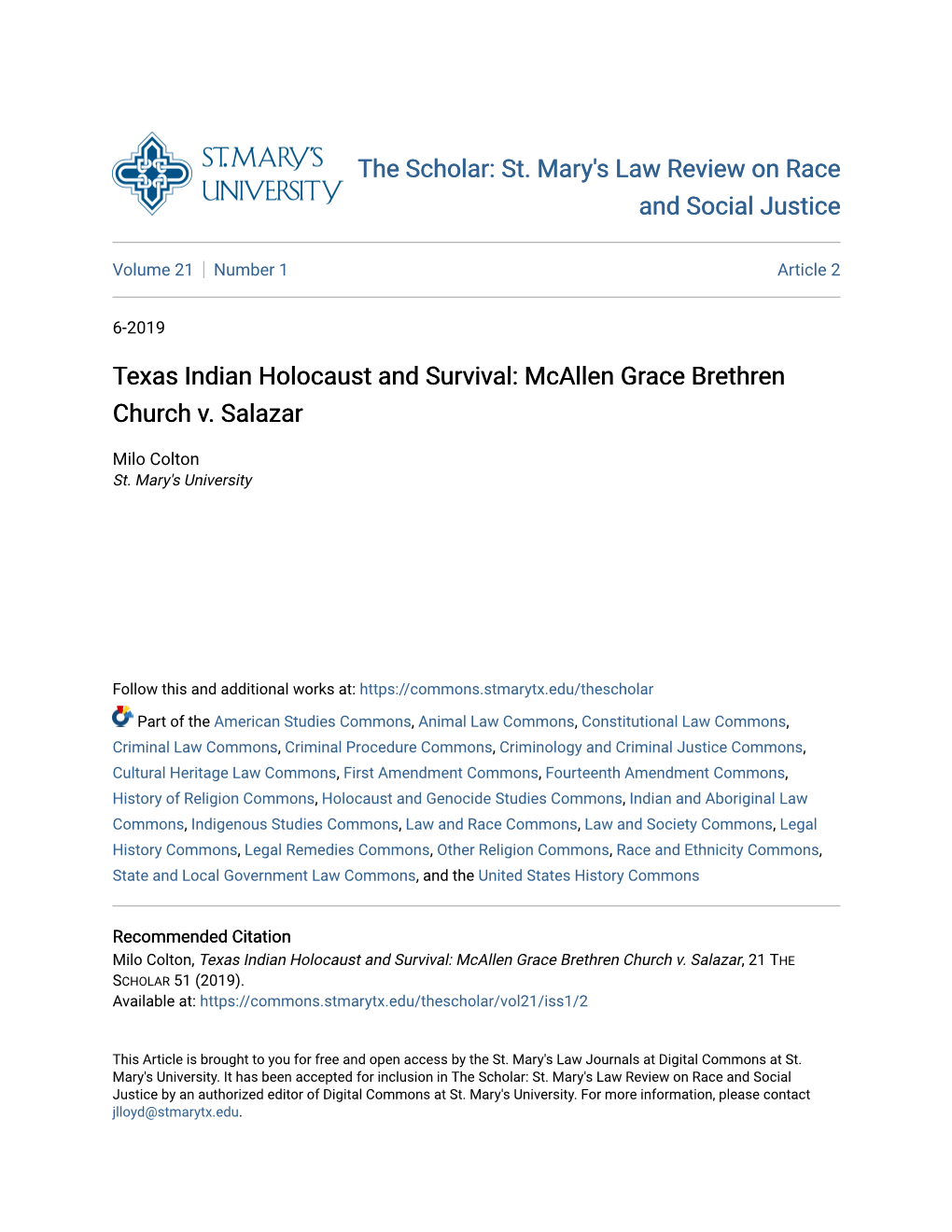 Texas Indian Holocaust and Survival: Mcallen Grace Brethren Church V