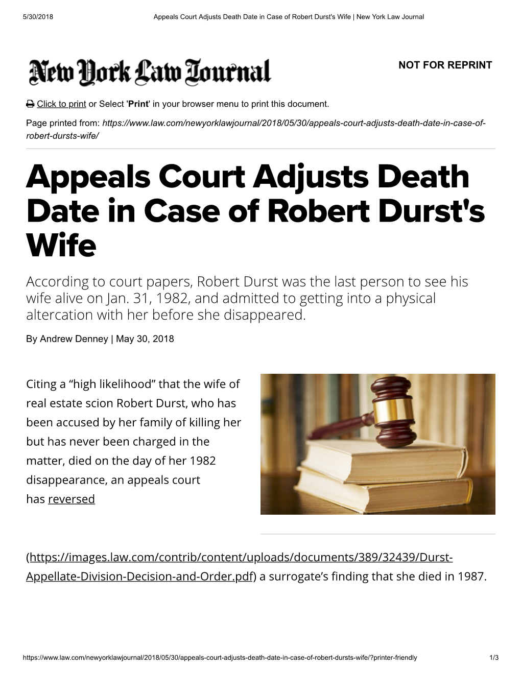 Appeals Court Adjusts Death Date in Case of Robert Durst's Wife | New York Law Journal