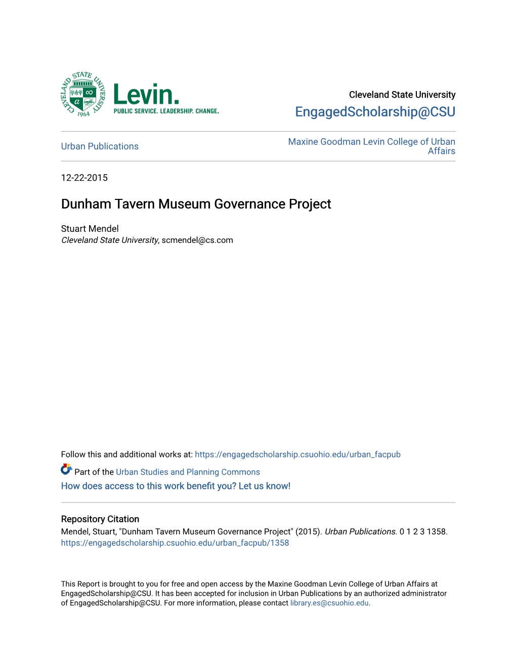 Dunham Tavern Museum Governance Project