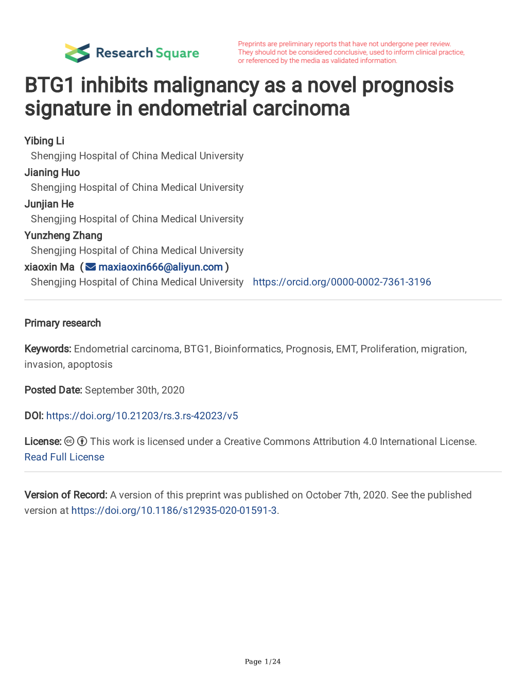 BTG1 Inhibits Malignancy As a Novel Prognosis Signature in Endometrial Carcinoma