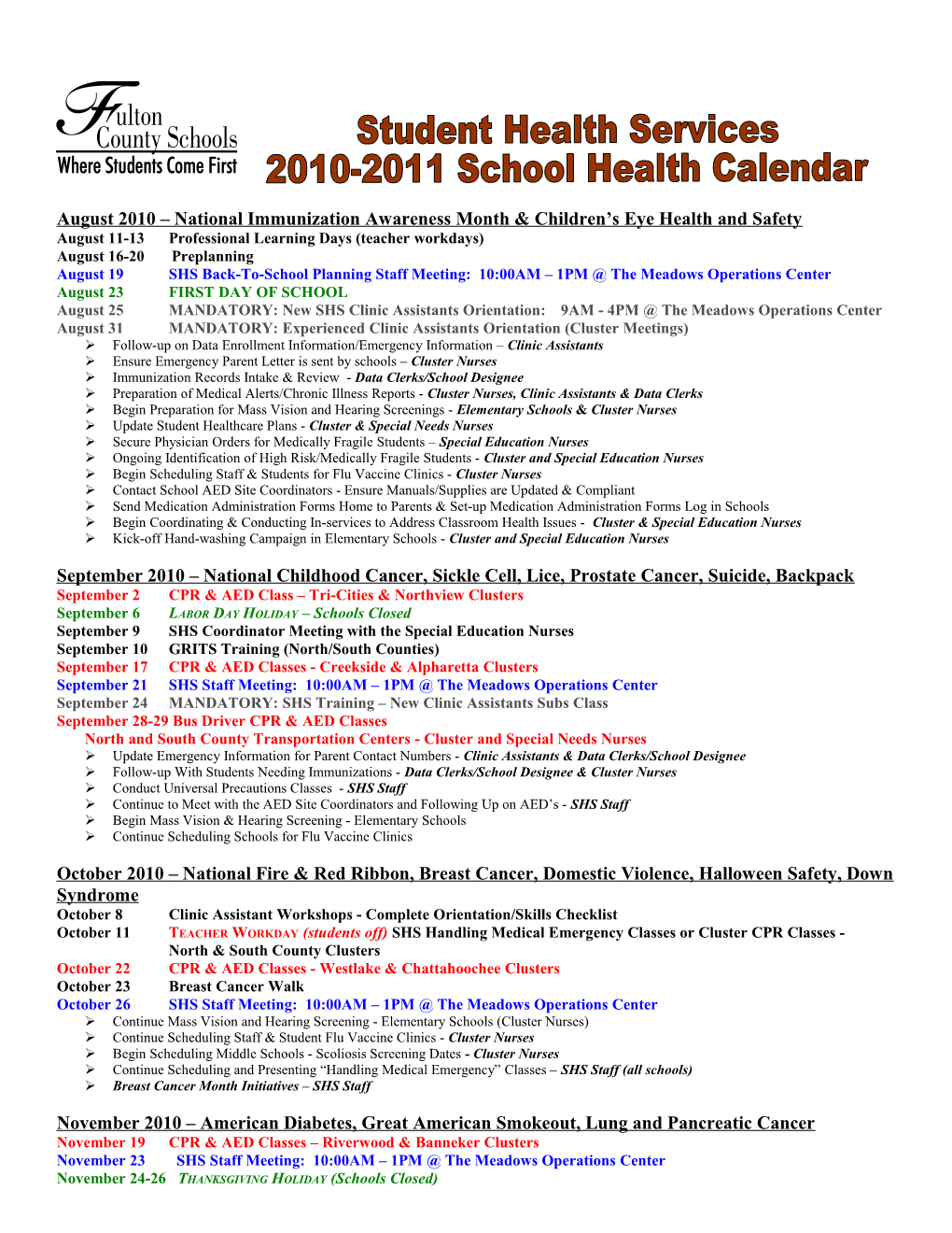 School Health Calendar 2010-2011