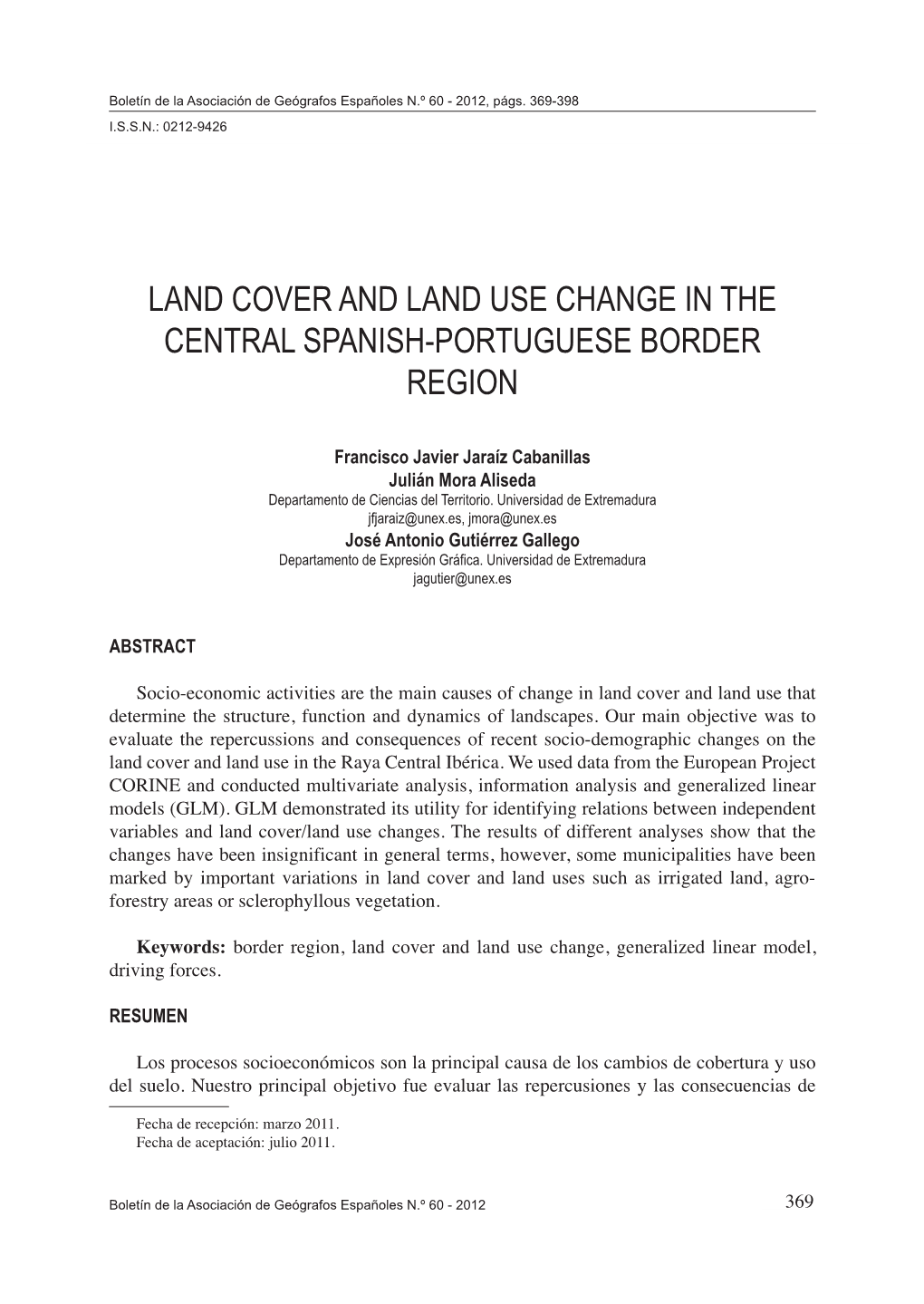Land Cover and Land Use Change in the Central Spanish-Portuguese Border Region