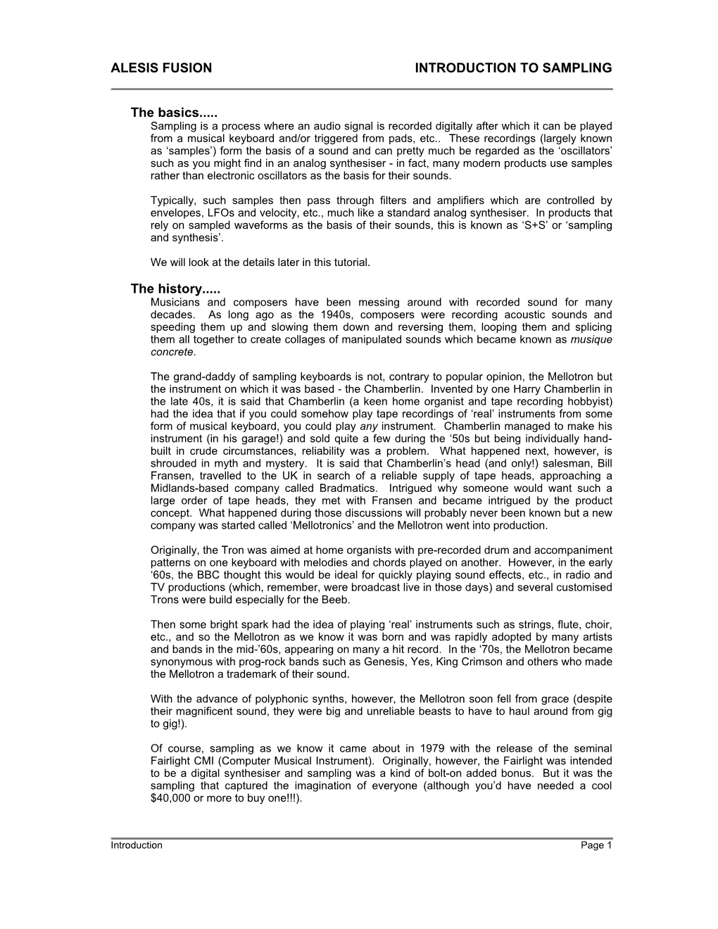 ALESIS FUSION INTRODUCTION to SAMPLING the Basics...The