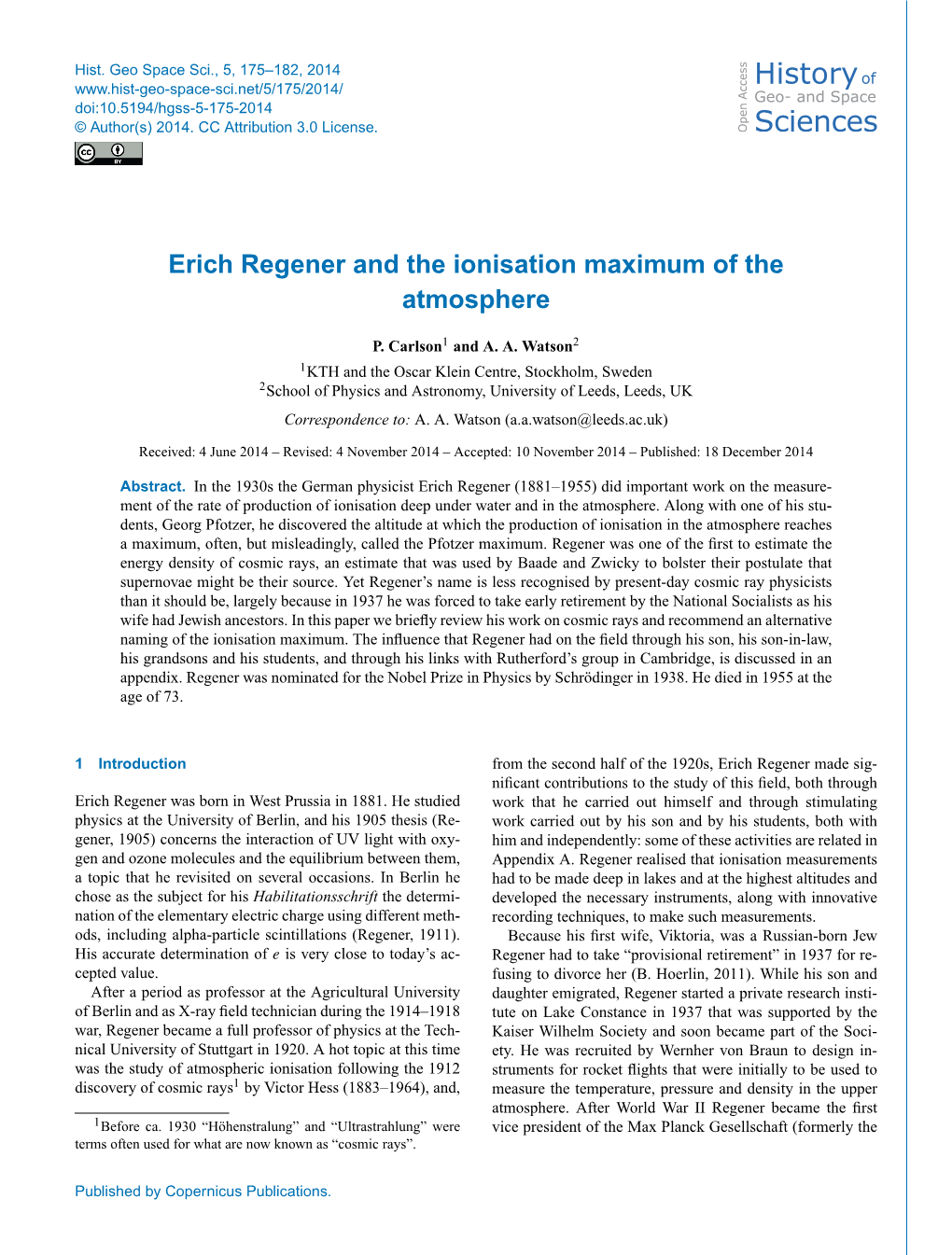 Erich Regener and the Ionisation Maximum of the Atmosphere