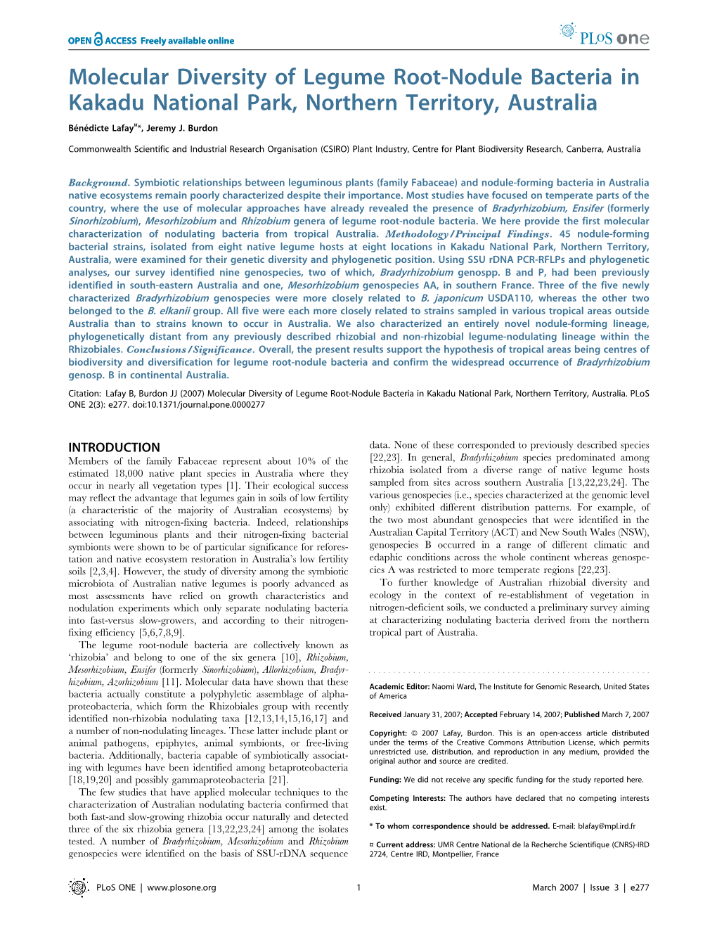 Molecular Diversity of Legume Root-Nodule Bacteria in Kakadu National Park, Northern Territory, Australia Be´Ne´Dicte Lafay¤*, Jeremy J