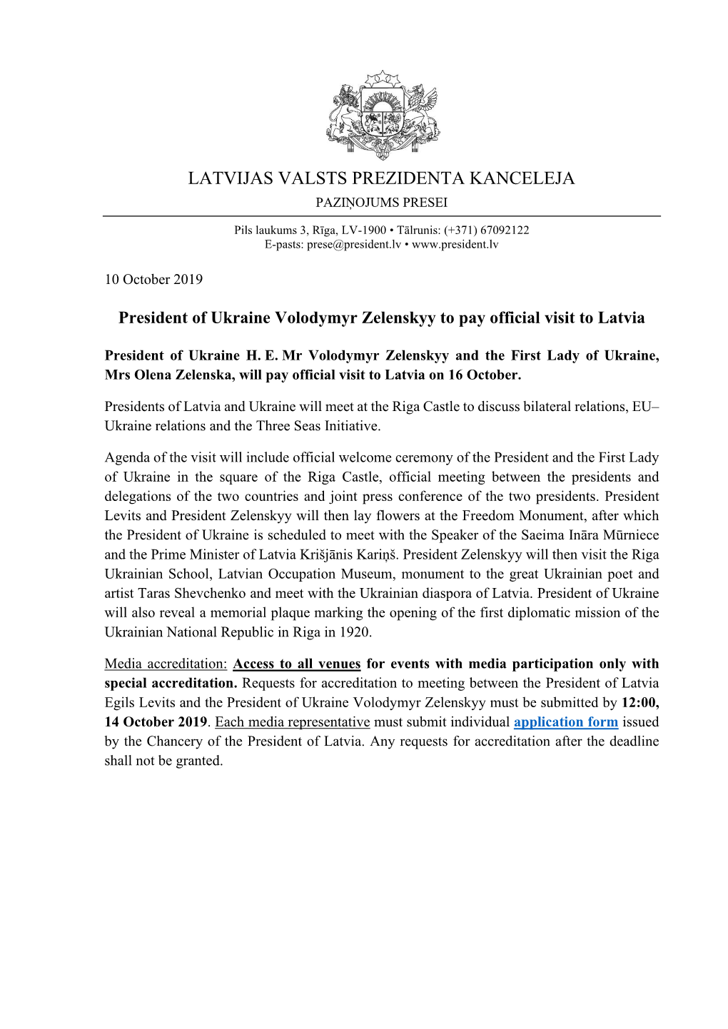 Latvijas Valsts Prezidenta Kanceleja Paziņojums Presei