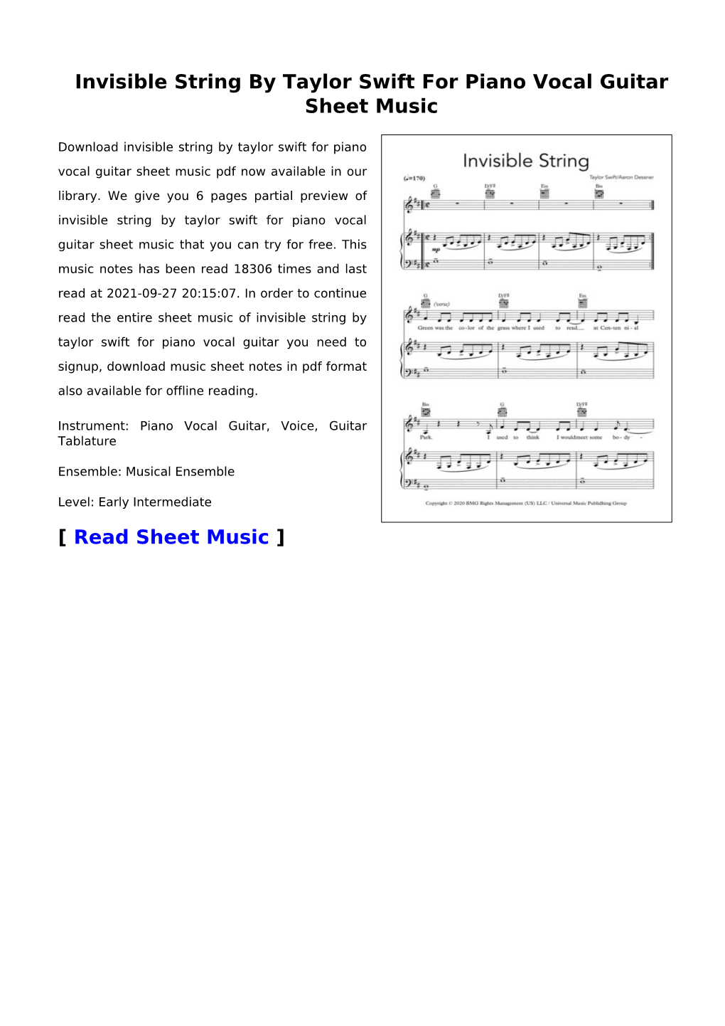 Invisible String by Taylor Swift for Piano Vocal Guitar Sheet Music