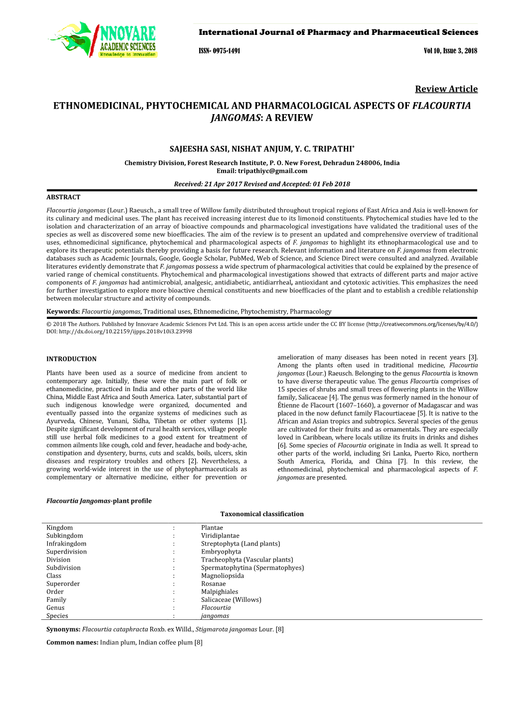 Ethnomedicinal, Phytochemical and Pharmacological Aspects of Flacourtia Jangomas: a Review