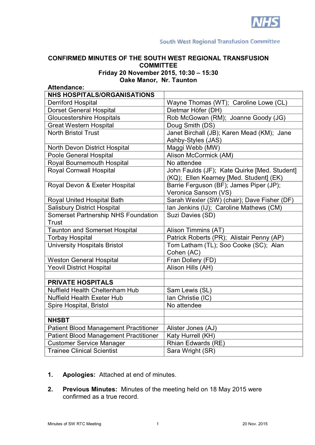 CONFIRMED MINUTES of the SOUTH WEST REGIONAL TRANSFUSION COMMITTEE Friday 20 November 2015, 10:30 – 15:30 Oake Manor, Nr