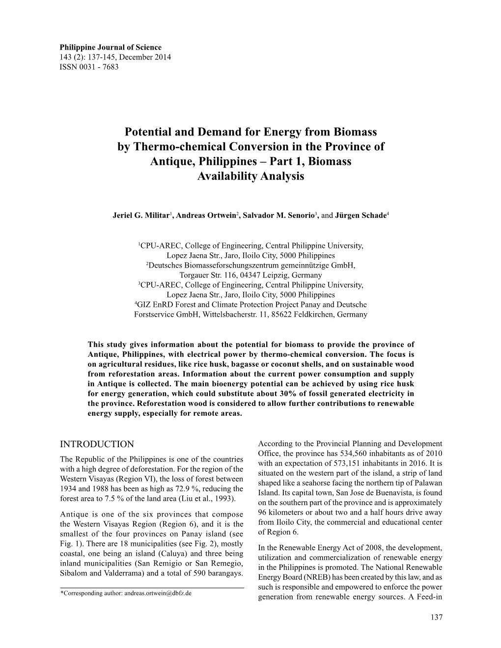 Potential and Demand for Energy from Biomass by Thermo-Chemical Conversion in the Province of Antique, Philippines – Part 1, Biomass Availability Analysis