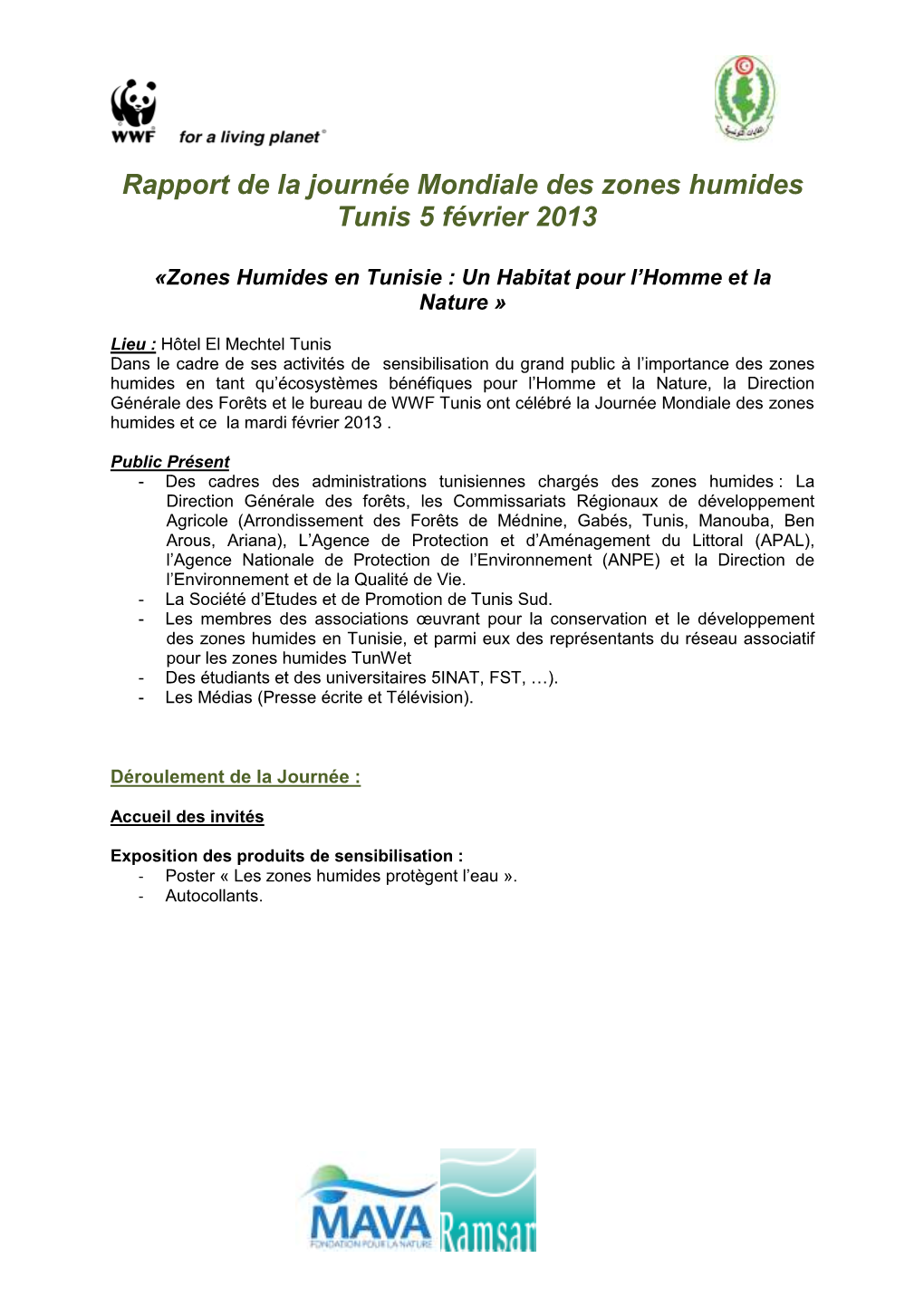 Rapport De La Journée Mondiale Des Zones Humides Tunis 5 Février 2013