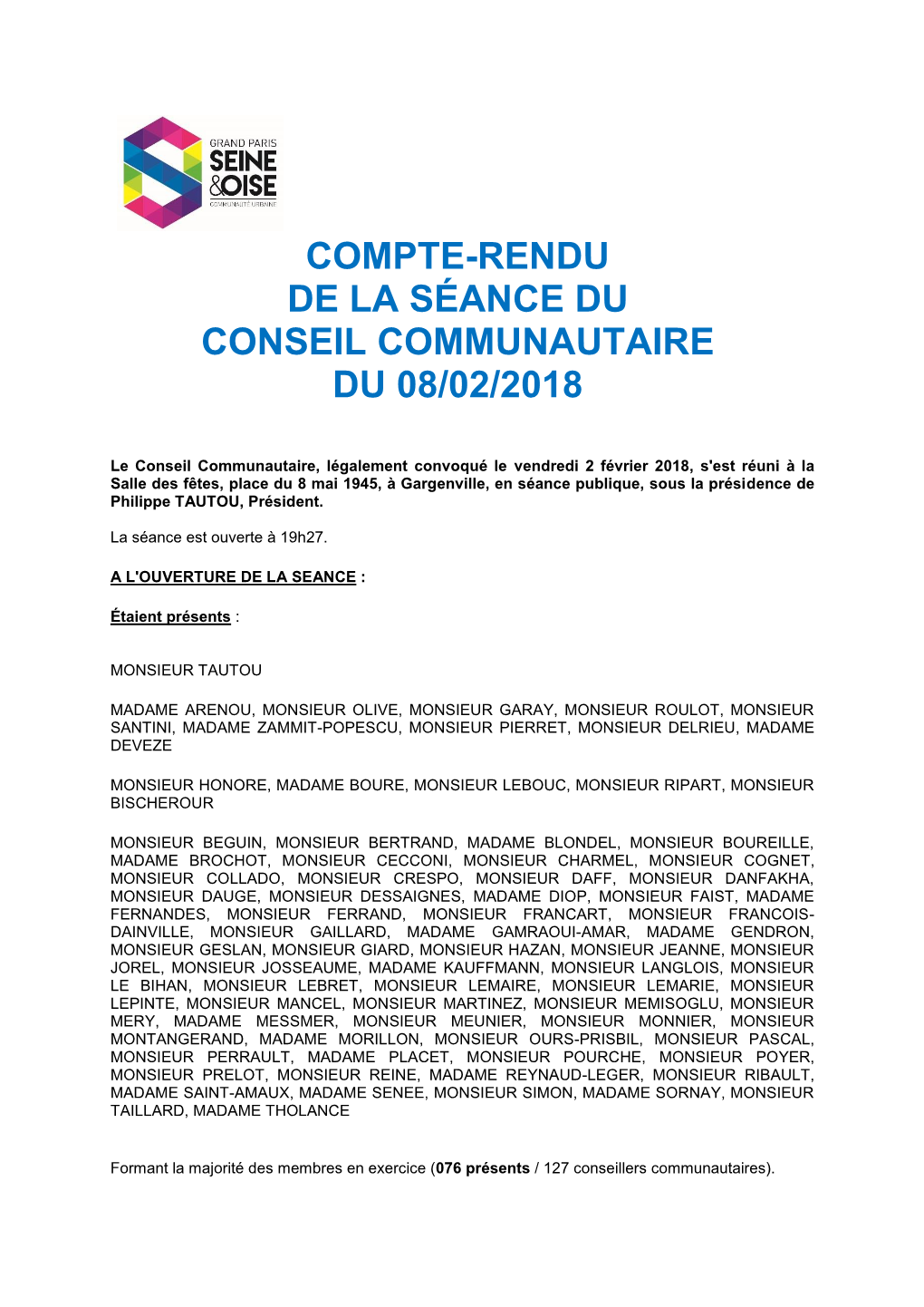 Compte-Rendu De La Séance Du Conseil Communautaire Du 08/02/2018