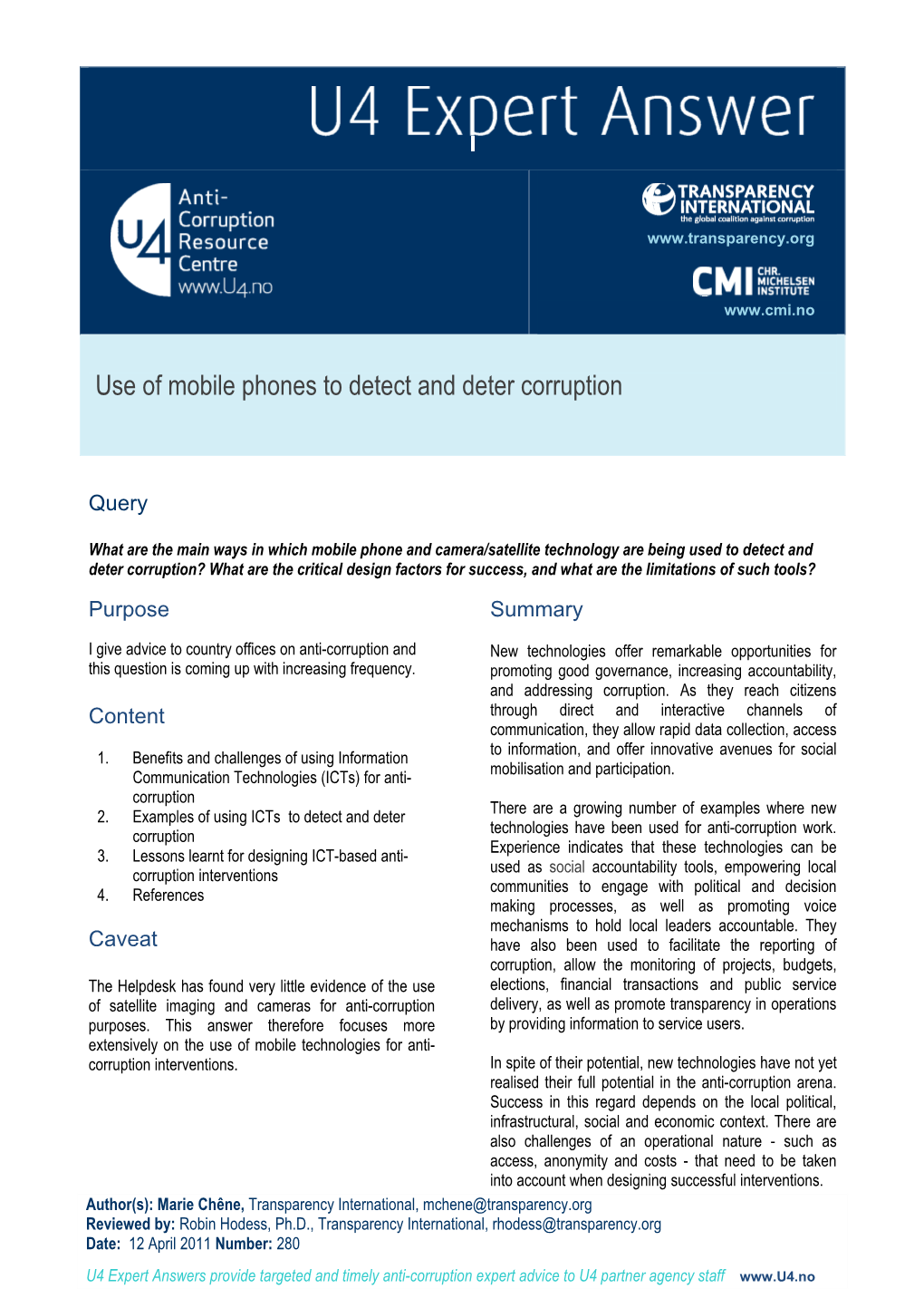 Use of Mobile Phones to Detect and Deter Corruption