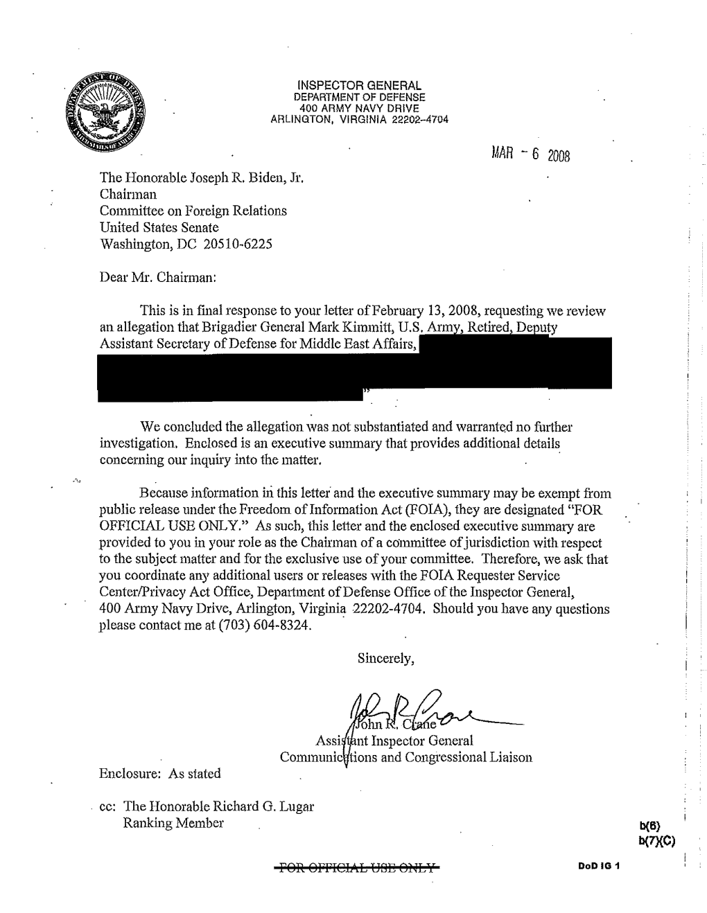 Inquiry Into an Allegation Involving Brigadier General Mark T. Kimmitt, U.S