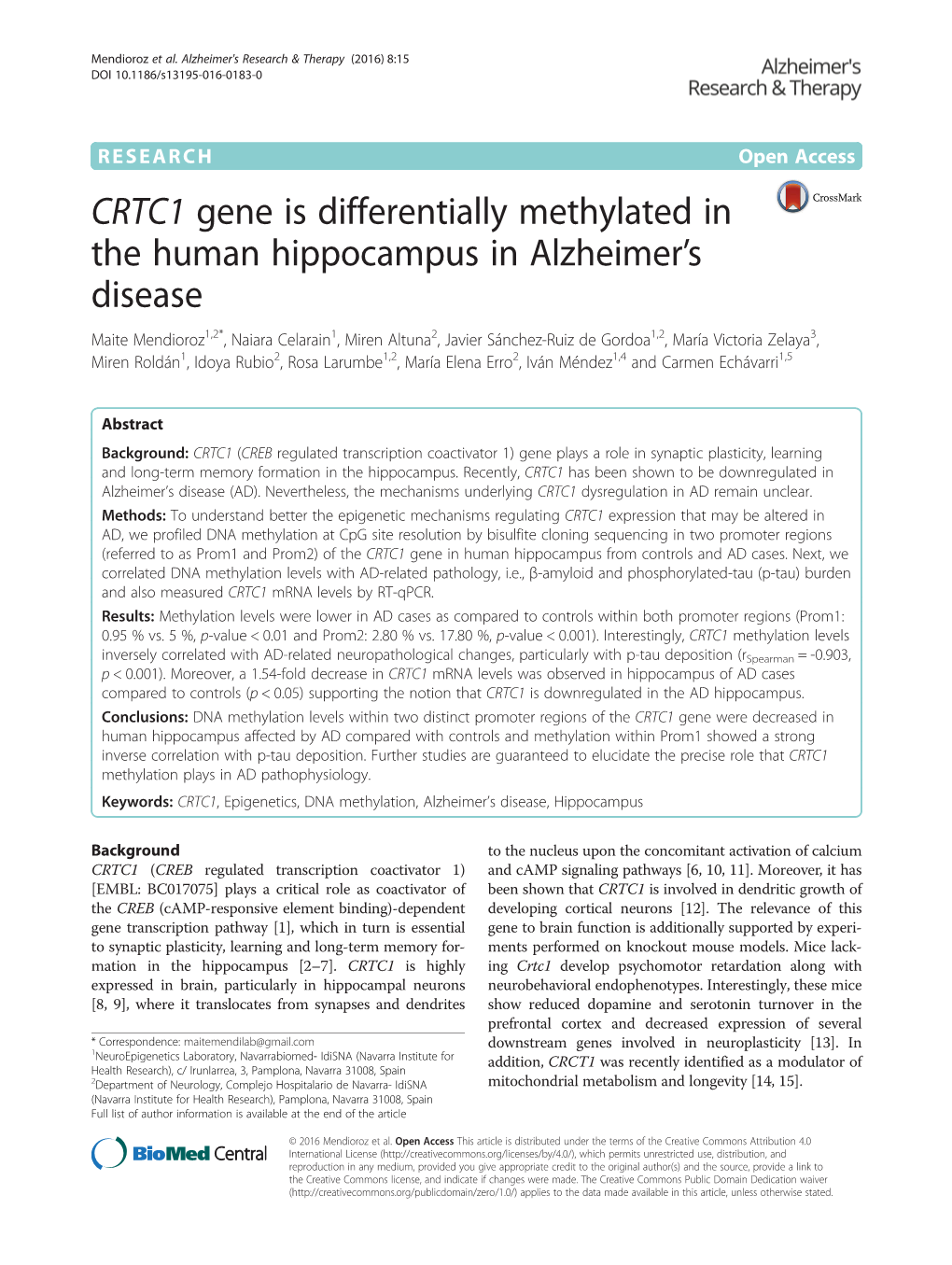 CRTC1 Gene Is Differentially Methylated in the Human
