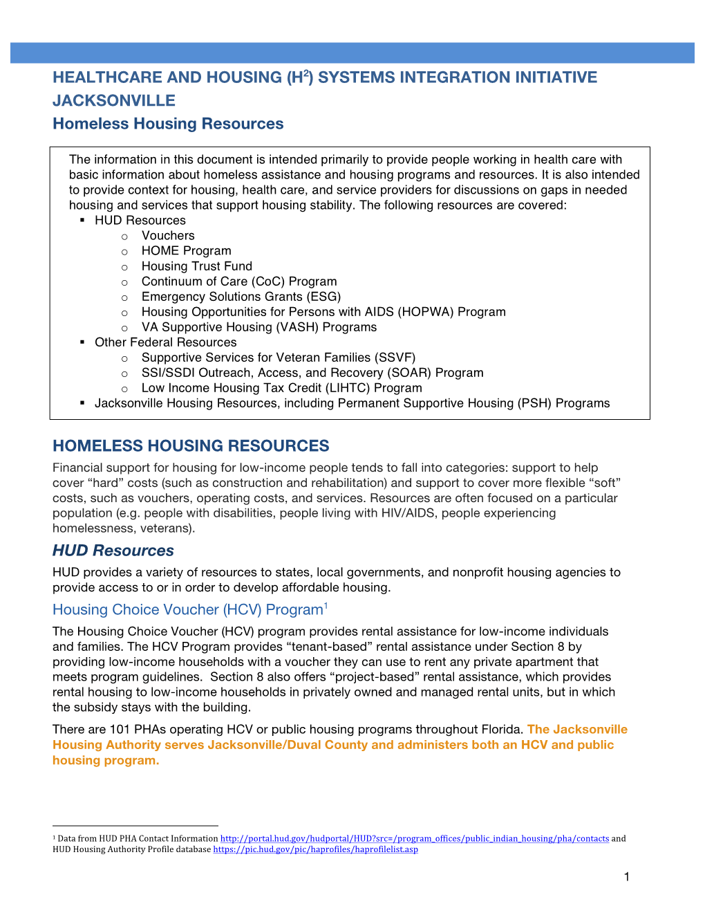 Jacksonville H2 Current Housing Assistance Resources