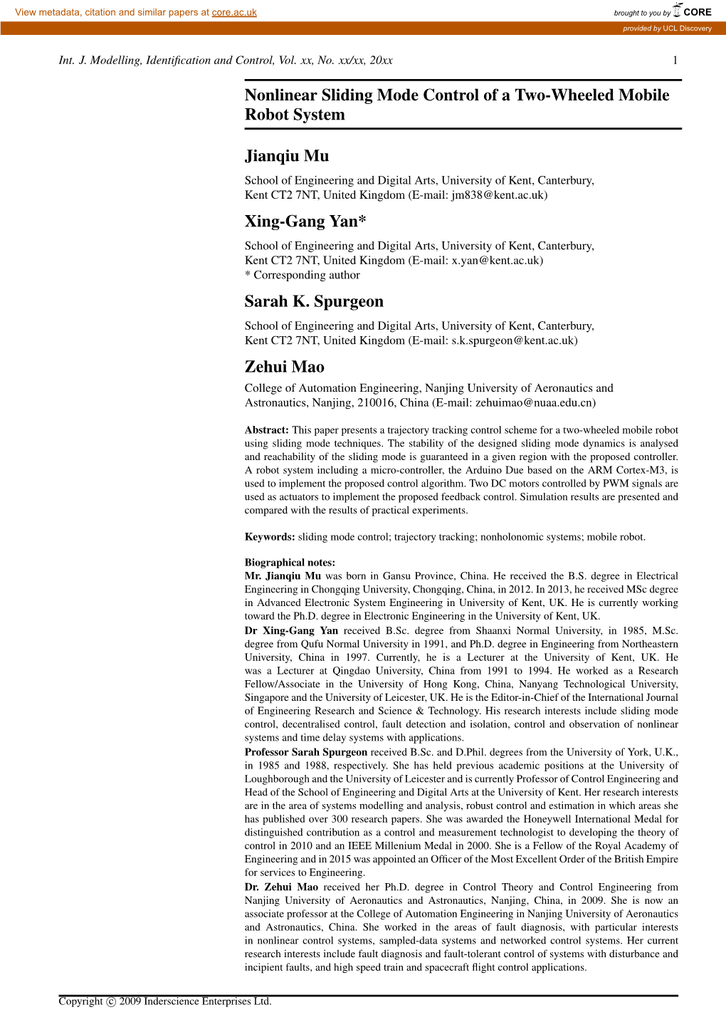 Nonlinear Sliding Mode Control of a Two-Wheeled Mobile Robot System