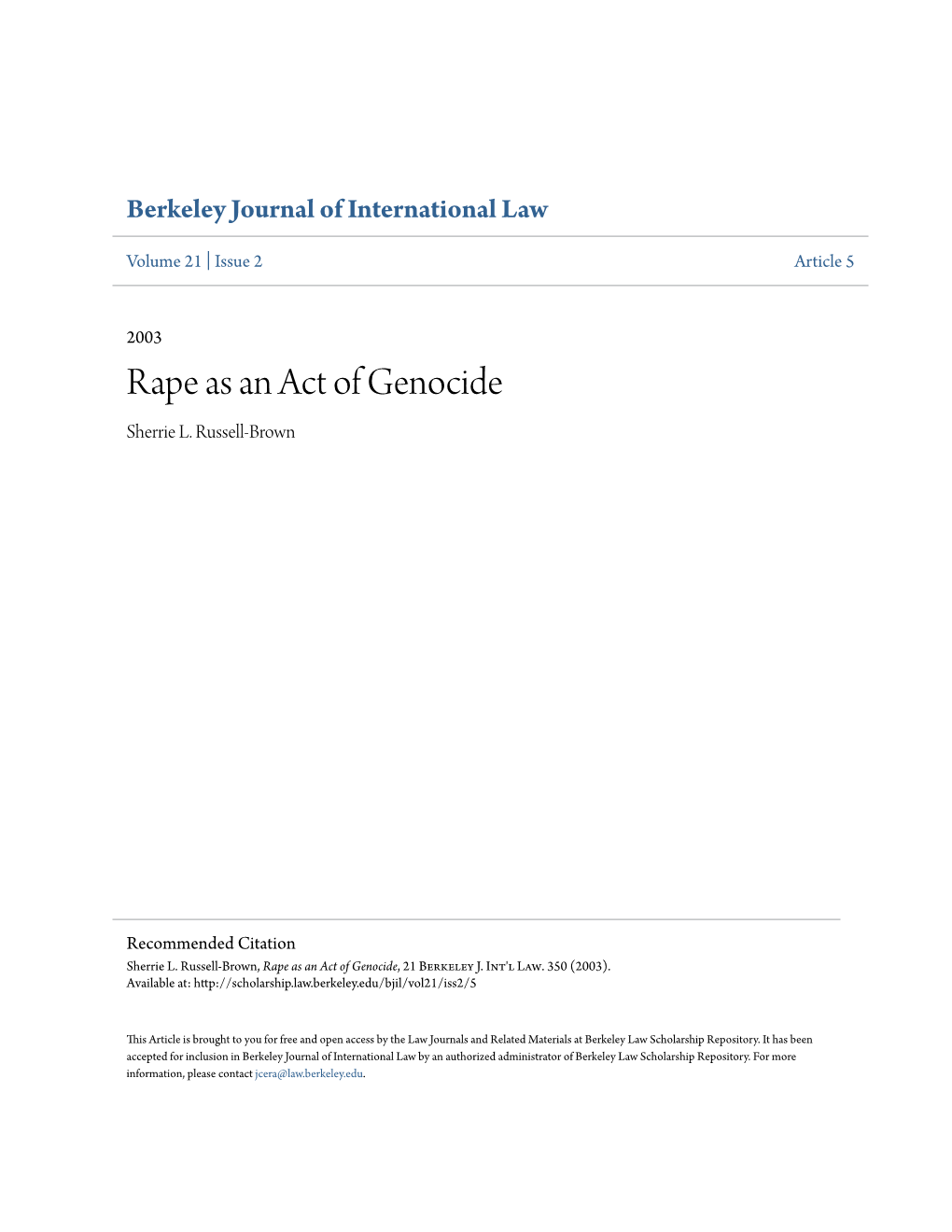 Rape As an Act of Genocide Sherrie L