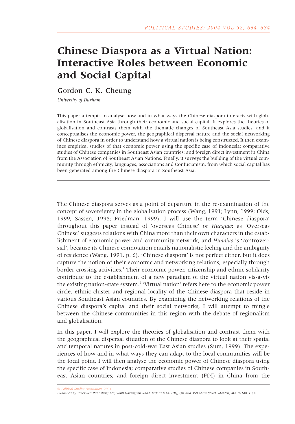 Chinese Diaspora As a Virtual Nation: Interactive Roles Between Economic and Social Capital Gordon C