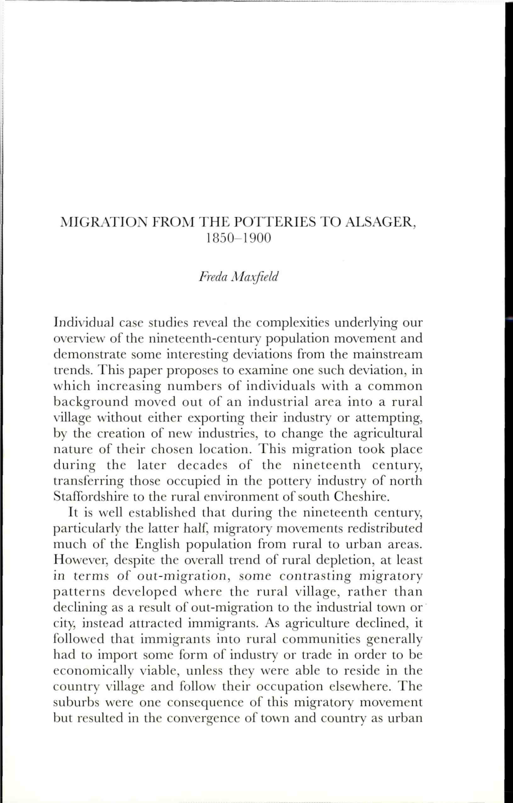 MIGRATION from the POTTERIES to AESAGER, Individual Case