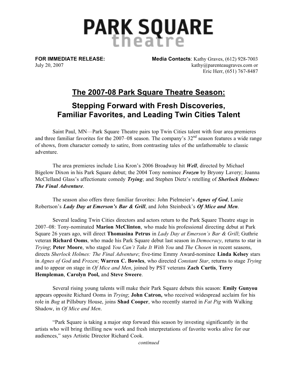 The 2007-08 Park Square Theatre Season: Stepping Forward with Fresh Discoveries, Familiar Favorites, and Leading Twin Cities Talent