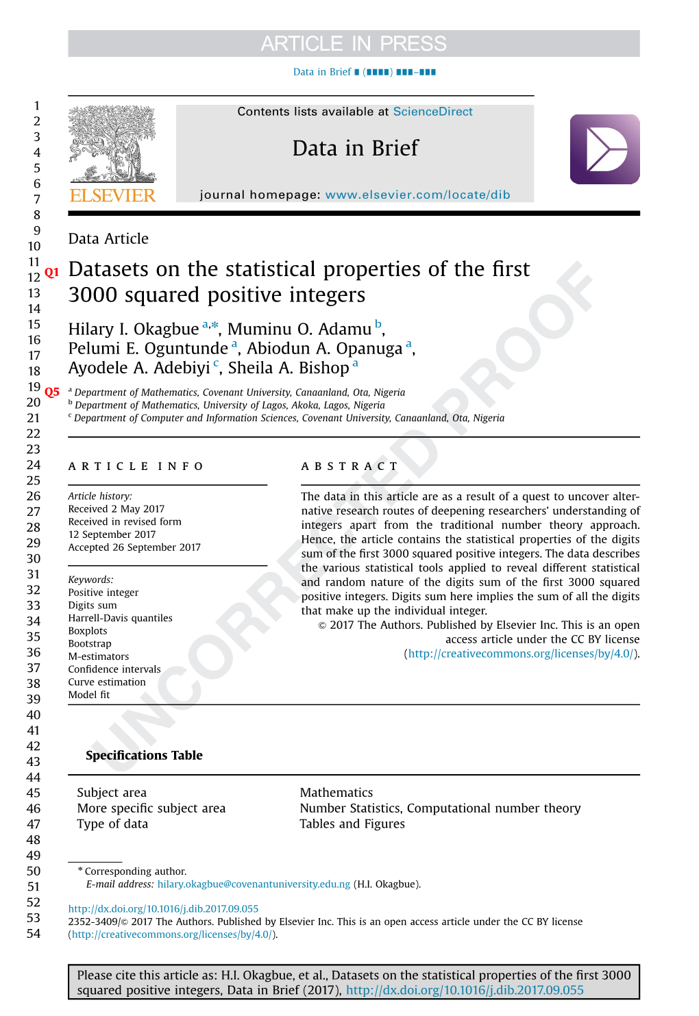 Datasets on the Statistical Properties of the First 3000 Squared Positive