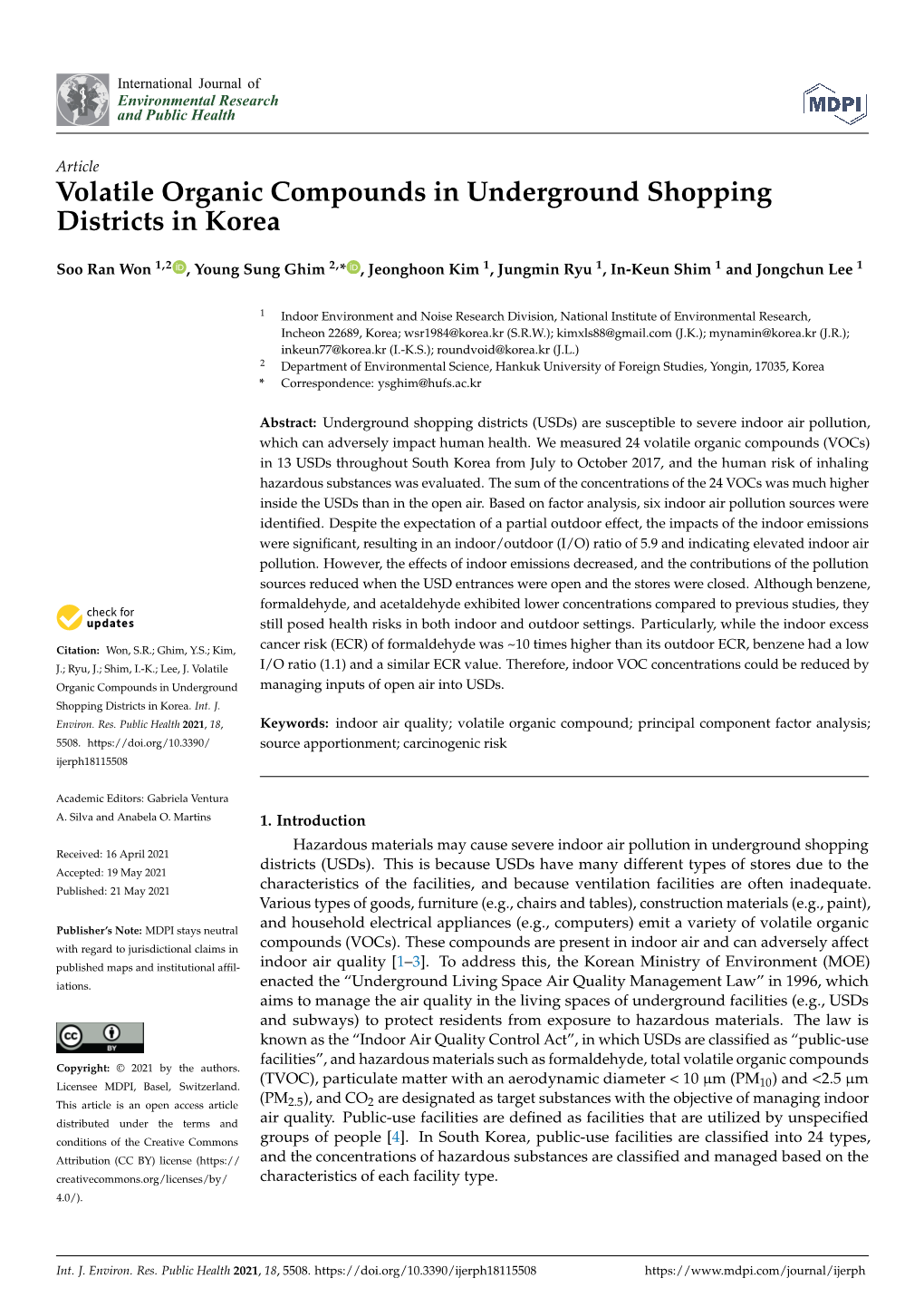Volatile Organic Compounds in Underground Shopping Districts in Korea