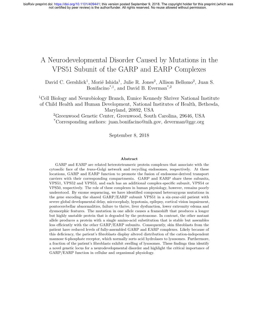 A Neurodevelopmental Disorder Caused by Mutations in the VPS51 Subunit of the GARP and EARP Complexes