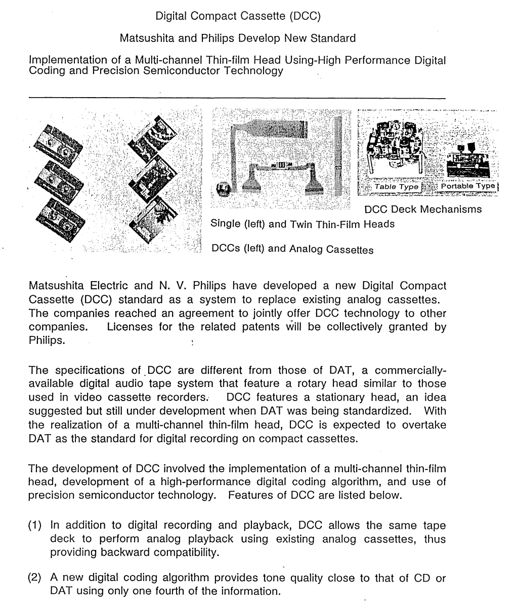 Digital Compact Cassette (DCC) Matsushita and Philips Develop