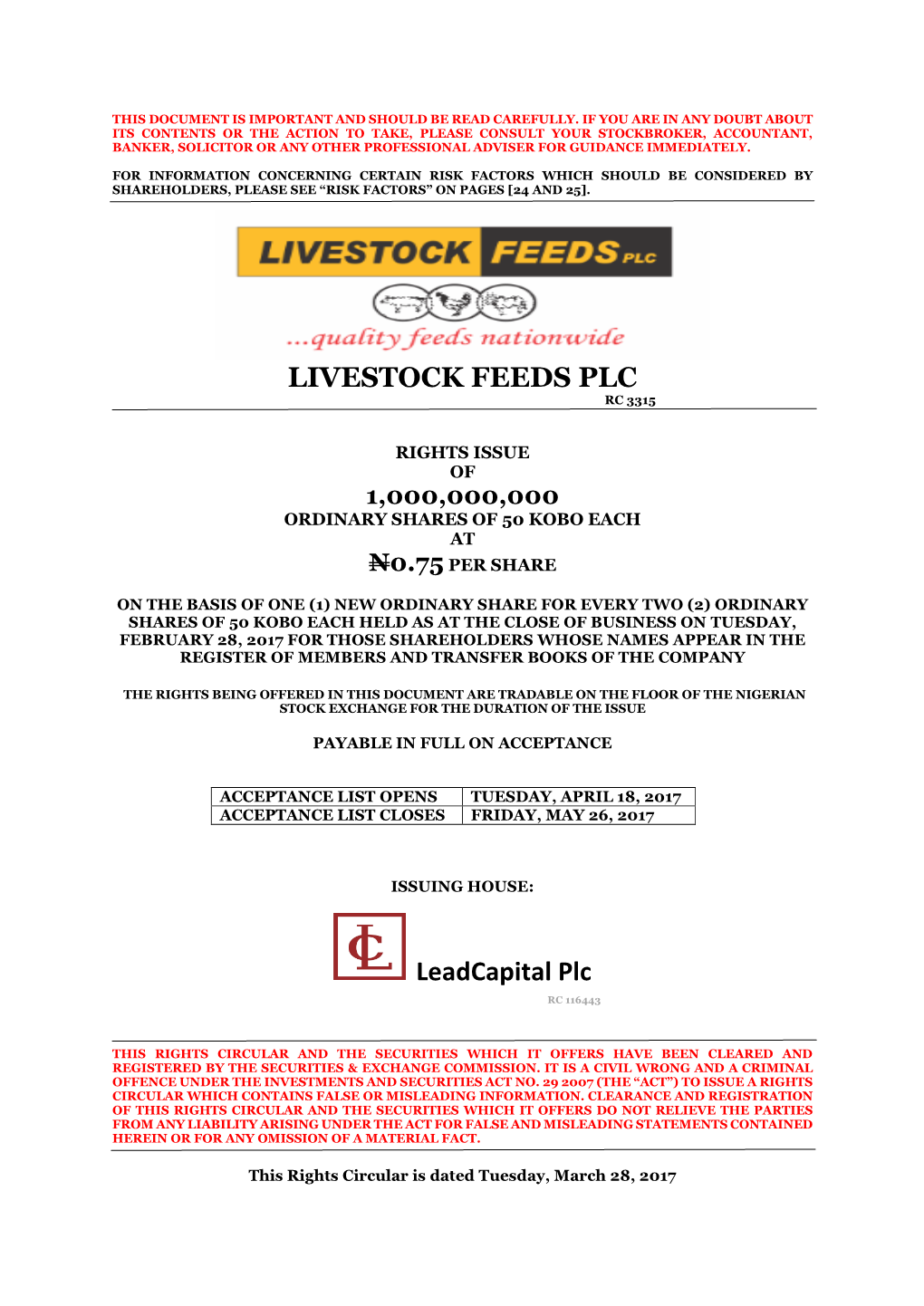LIVESTOCK FEEDS PLC Leadcapital