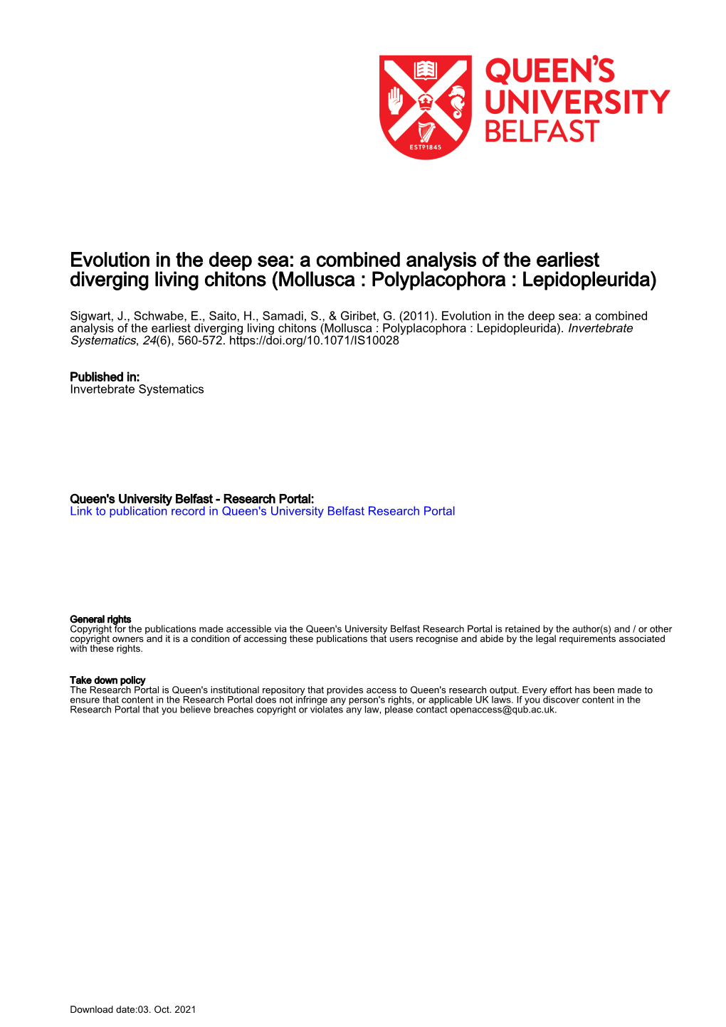 A Combined Analysis of the Earliest Diverging Living Chitons (Mollusca : Polyplacophora : Lepidopleurida)