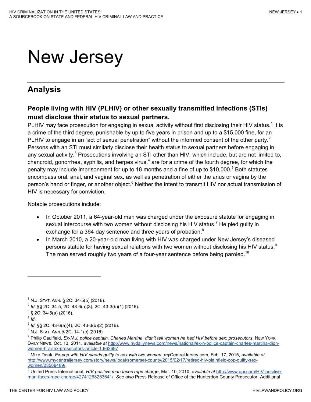 New Jersey  1 a Sourcebook on State and Federal Hiv Criminal Law and Practice