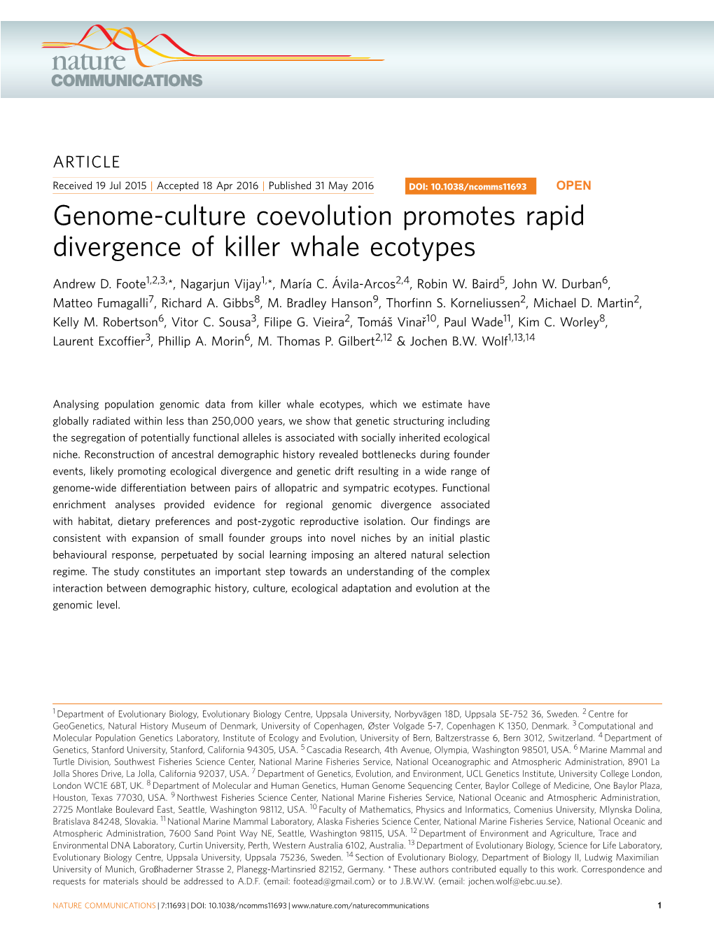 Genome-Culture Coevolution Promotes Rapid Divergence of Killer Whale Ecotypes