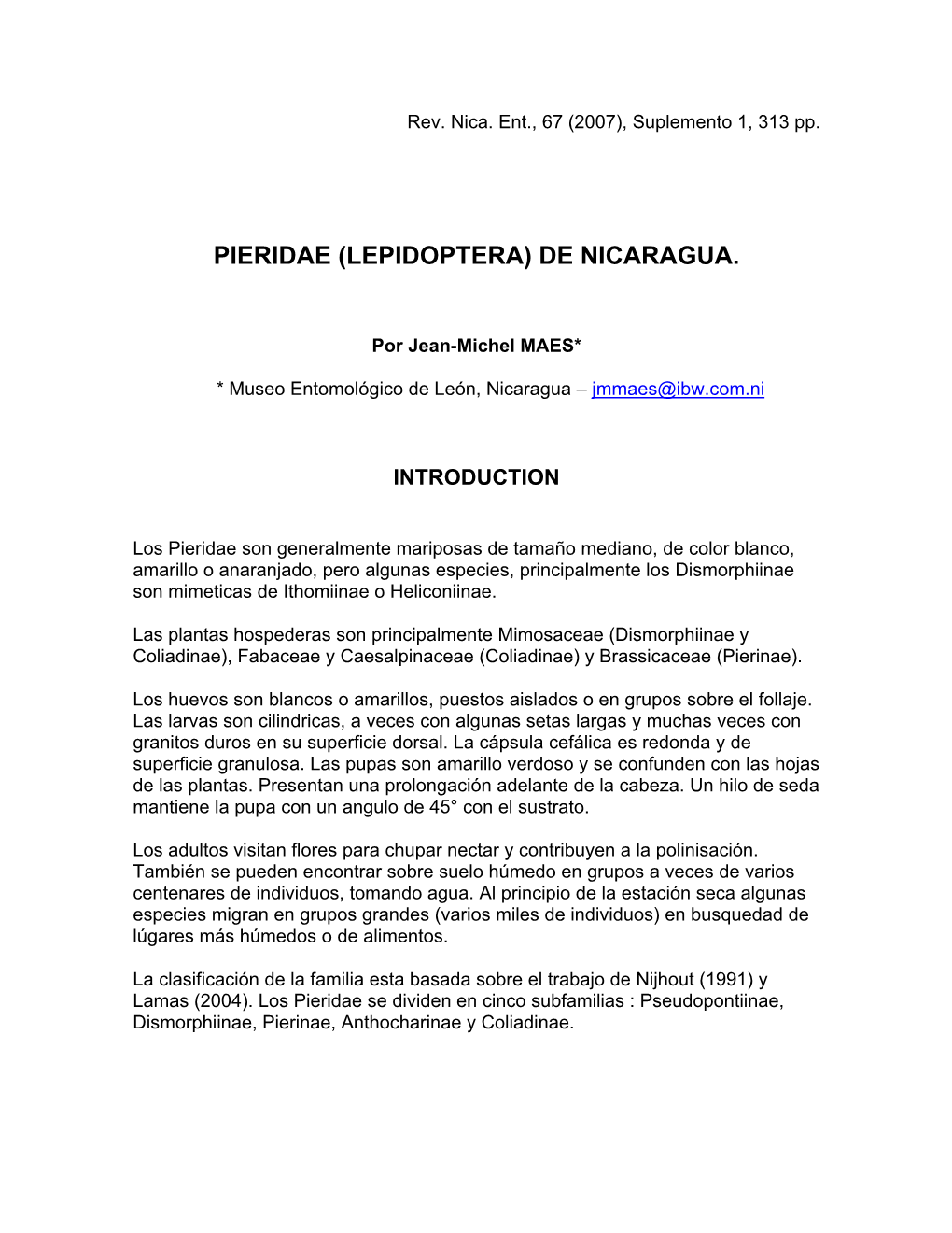 Pieridae (Lepidoptera) De Nicaragua
