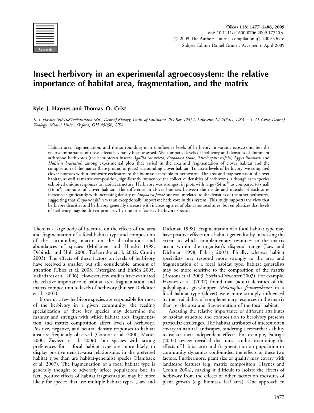 Insect Herbivory in an Experimental Agroecosystem: the Relative Importance of Habitat Area, Fragmentation, and the Matrix