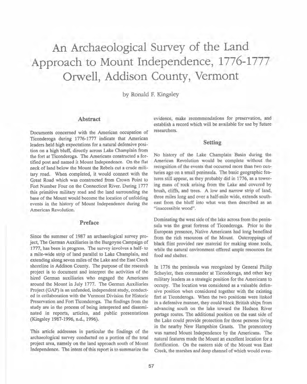 An Archaeological Survey of the Land Approach to Mount Independence, 1776-1777 Orwell, Addison County, Vermont