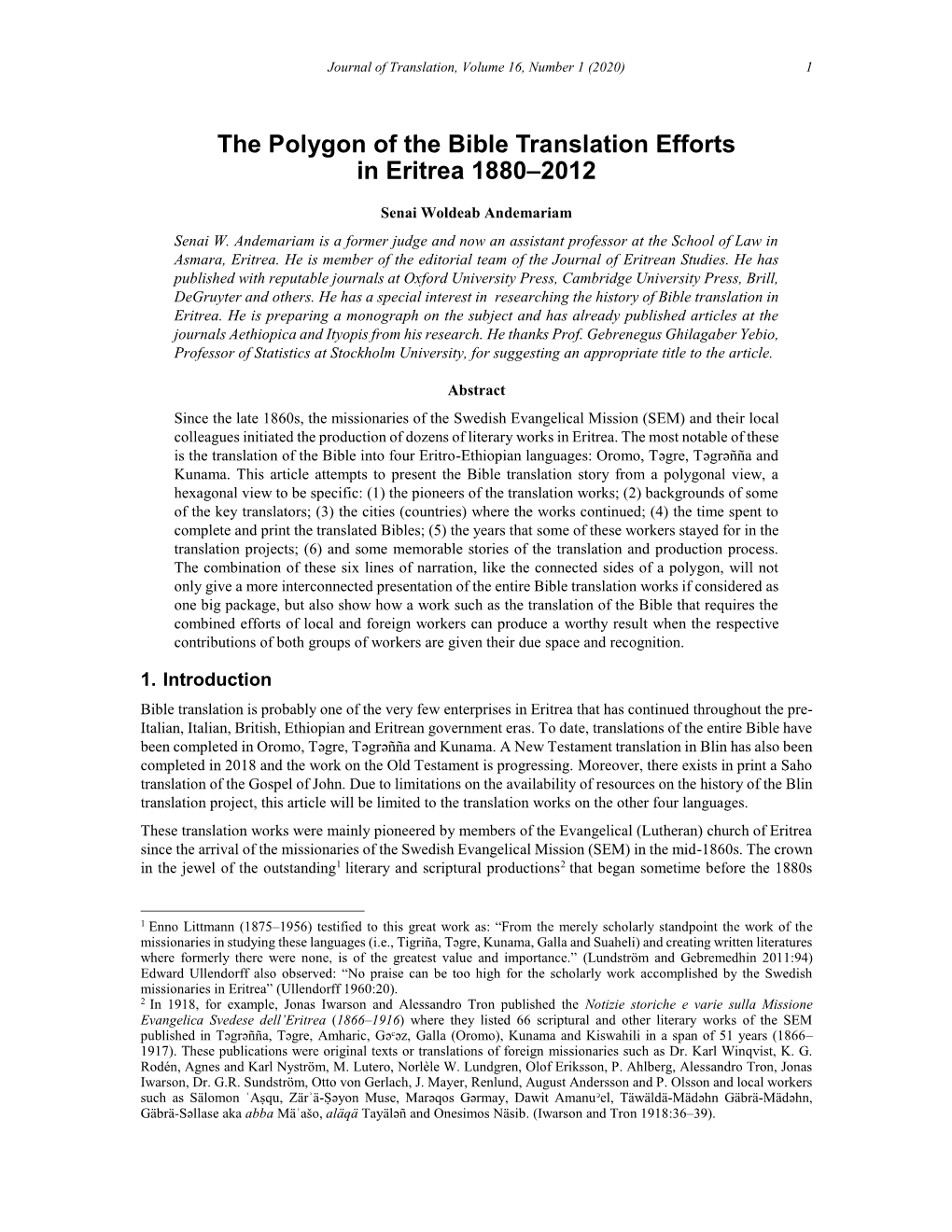The Polygon of the Bible Translation Efforts in Eritrea 1880-2012