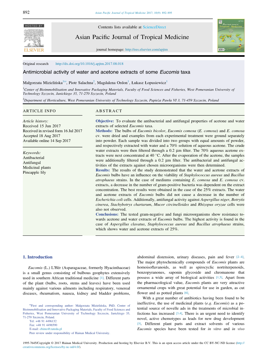 Antimicrobial Activity of Water and Acetone Extracts of Some Eucomis Taxa